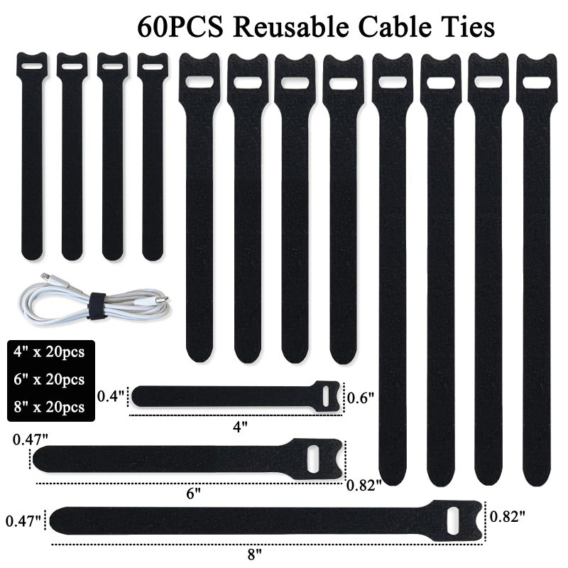 Anikoocory 60Pcs Mixed Cable Ties, 4 Inch+6 Inch+8 Inch Reusable Wire Ties, Cord Ties, Cable Straps, Cords Organizer, Adjustable, Heavy Duty, Self-Locking, Black - Image 2